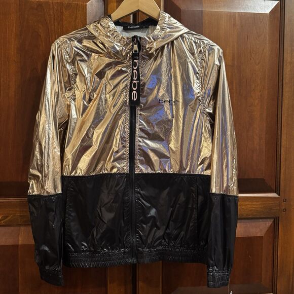 BEBE SPORT Jackets & Blazers - NWT Bebe Sport Womens Gold Hooded Metallic Full  Zip Windbreaker Jacket Large